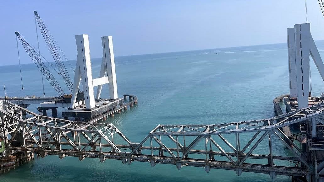 The railway bridge under construction in Rameswaram.