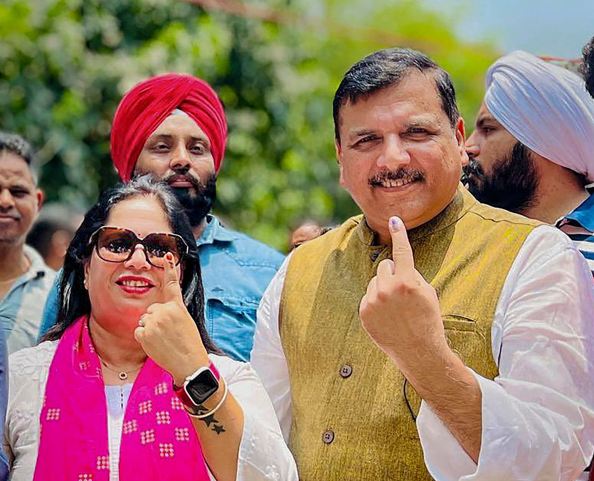 AAP leader Sanjay Singh after casting his vote at a polling booth during the sixth phase of Lok Sabha elections, in New Delhi, on Saturday.