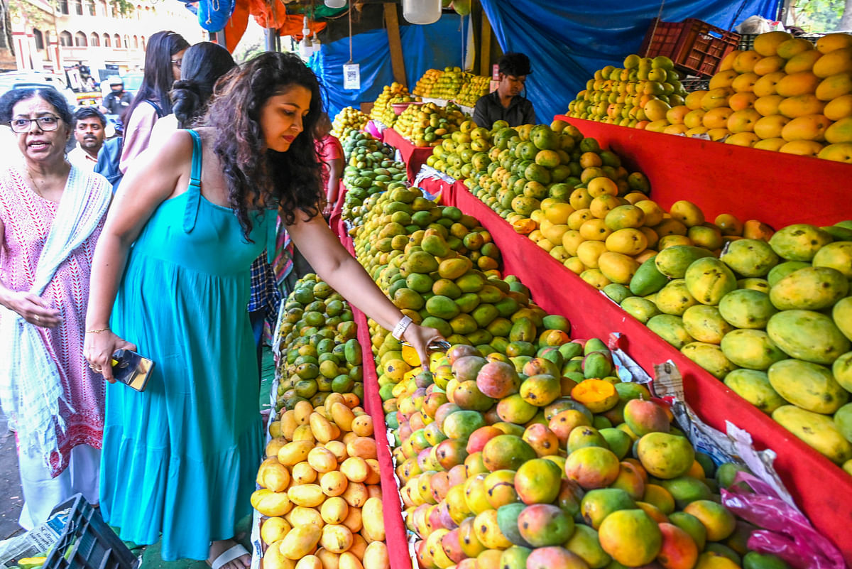 Women purchasing mangoes at a market near Jayamahal road in Bengaluru on Wednesday 01st May 2024. DH Photo/ B K Janardhan