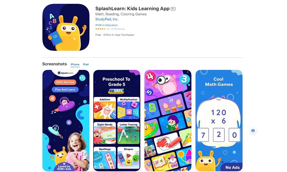 SplashLearn app on Apple App Store (screen-grab).