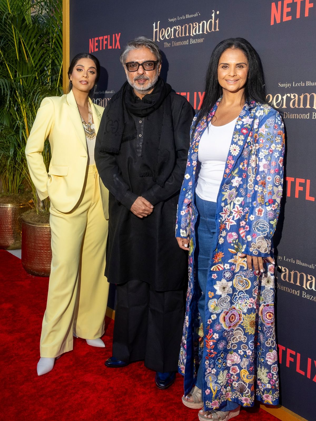 Filmmaker Sanjay Leela Bhansali is flanked by Lilly Singh and Bela Bajaria during the special screening of Heeramand in Los Angeles.