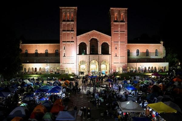 A general view shows the pro-Palestinian protest encampment at the University of California Los Angeles (UCLA), as the conflict between Israel and the Palestinian Islamist group Hamas continues, in Los Angeles, California