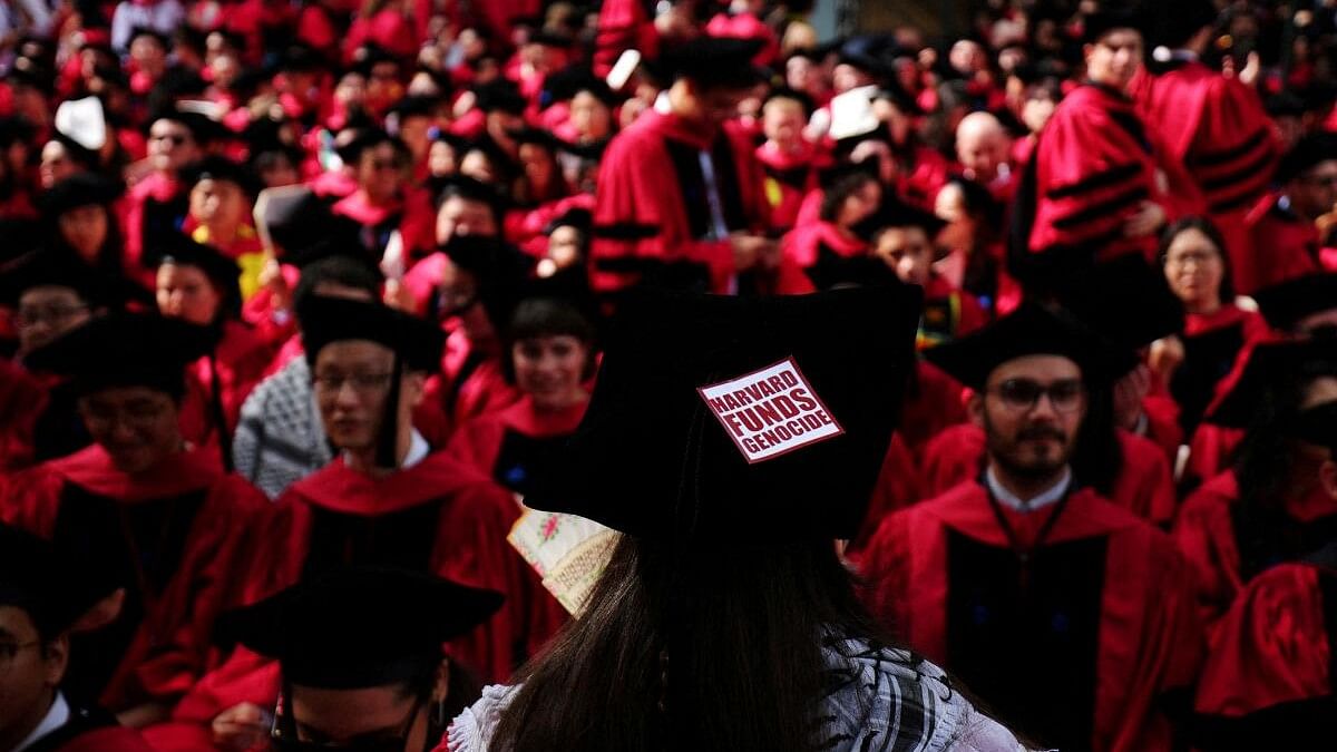 A graduating student has “Harvard Funds Genocide” on her cap during the 373rd Commencement Exercises at Harvard University, amid the ongoing conflict between Israel and the Palestinian Islamist group Hamas, in Cambridge, Massachusetts, U.S., May 23, 2024.