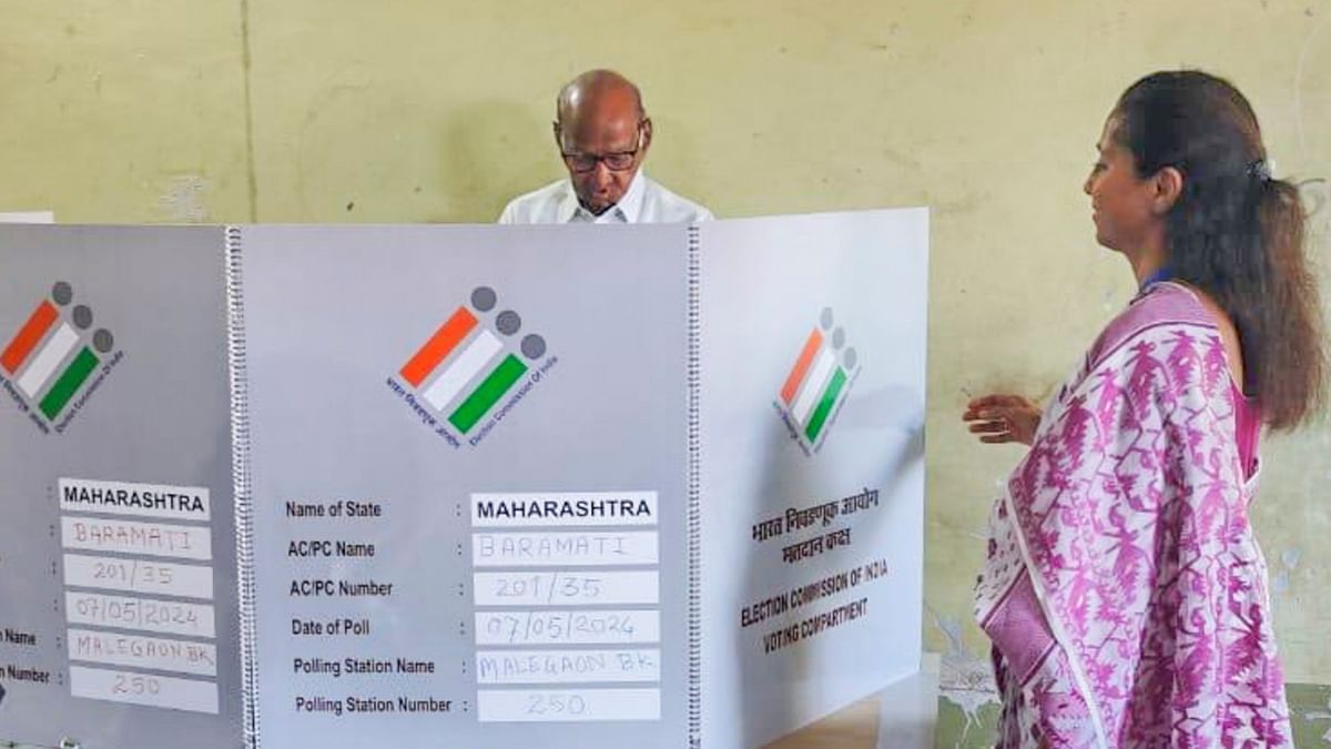Nationalist Congress Party (Sharadchandra Pawar) Chief Sharad Pawar casts his vote during the third phase of Lok Sabha elections, in Baramati.