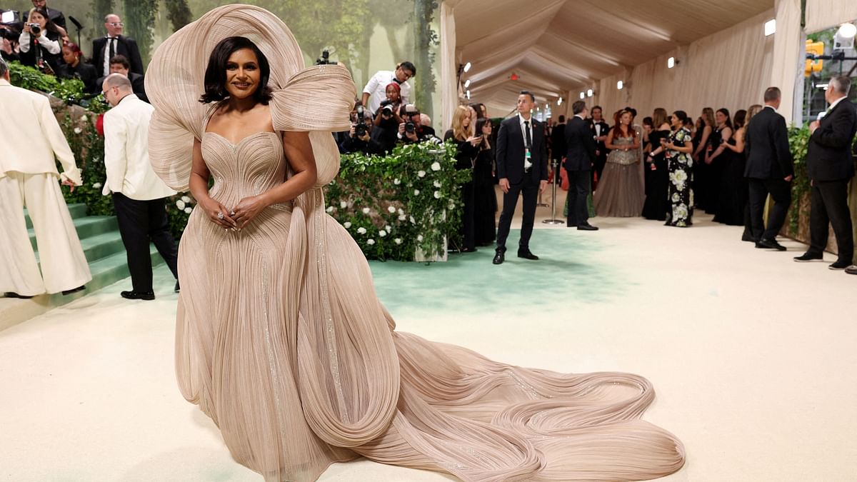 Mindy Kaling made heads turn at the Met Gala 2024 in a sculpted nude couture gown by Gaurav Gupta.