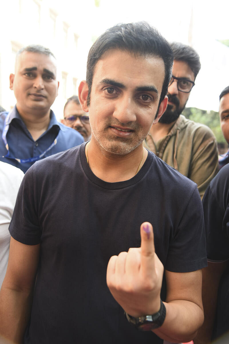 Gautam Gambhir after casting his vote at a polling booth during the sixth phase of Lok Sabha elections, at Rajindra Nagar in New Delhi.