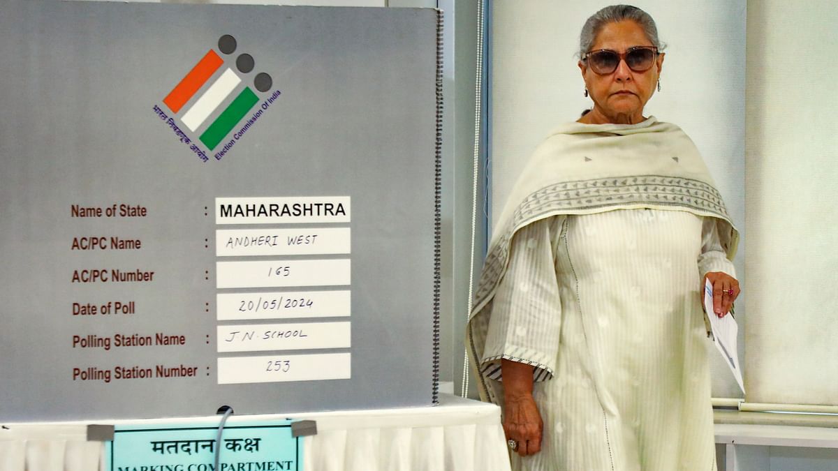 Jaya Bachchan gets clicked as she leaves after casting her vote at a polling booth during the fifth phase of Lok Sabha elections, in Mumbai.