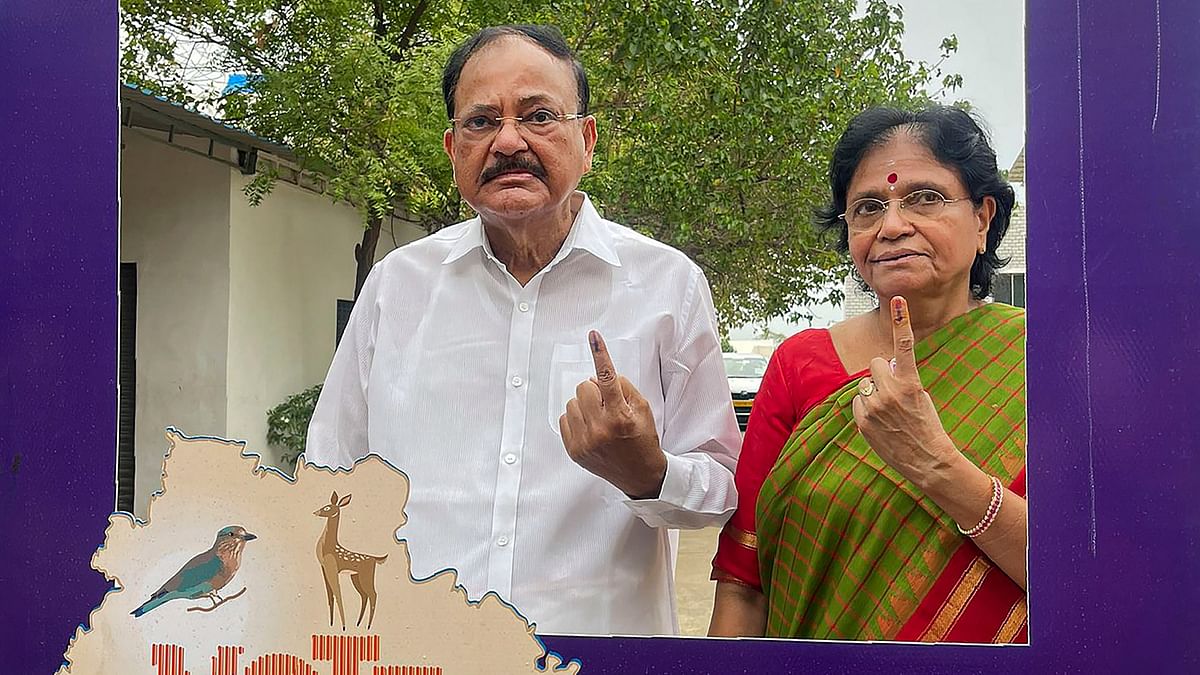 Former Vice President M Venkaiah Naidu and his wife Usha show their inked fingers after casting votes at a polling station during the fourth phase of Lok Sabha polls, in Hyderabad.
