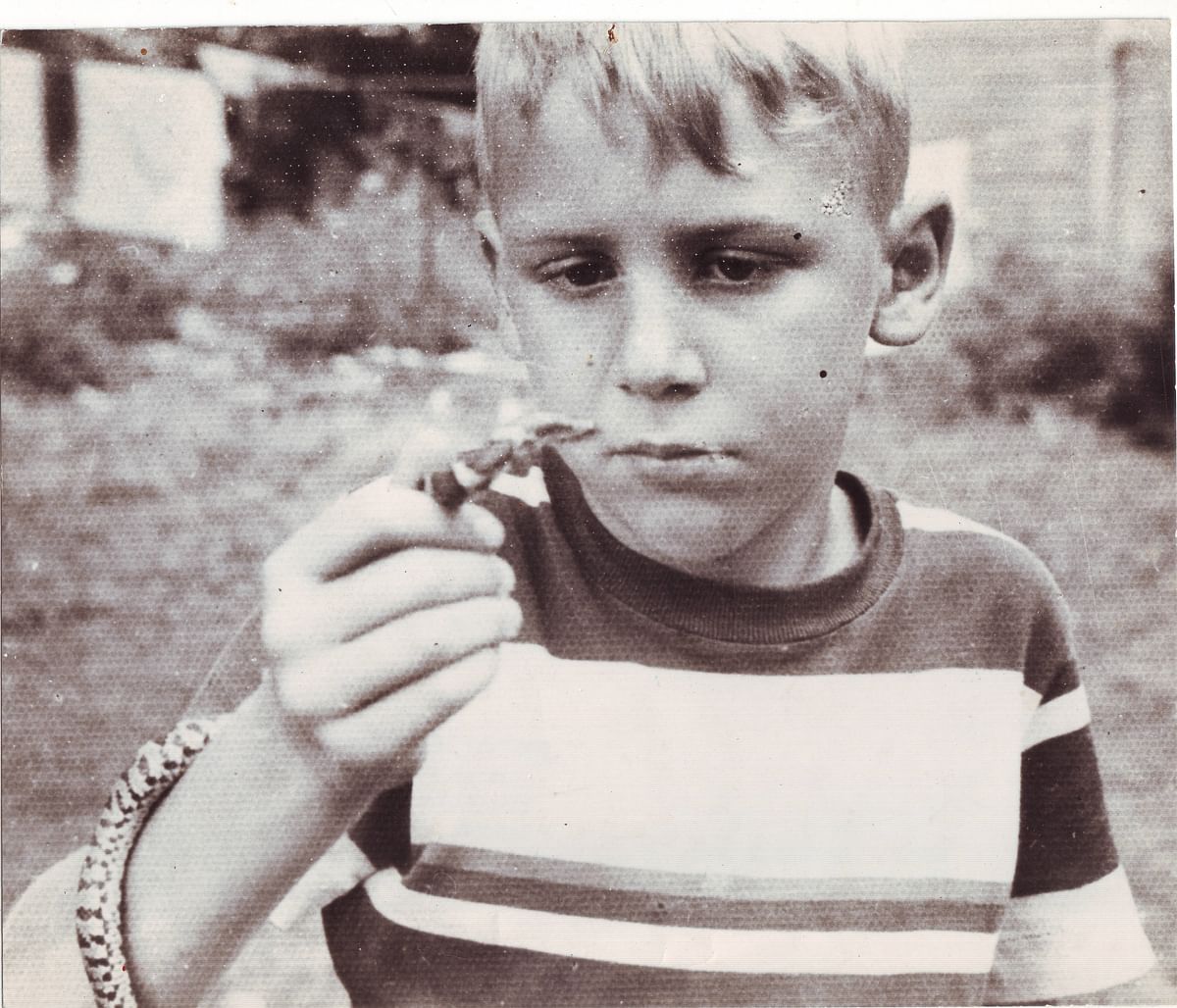 Whitaker with a milksnake in 1940s New York State. 