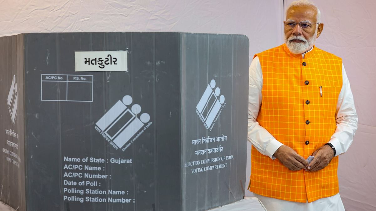 Prime Minister Narendra Modi at a polling station during the third phase of Lok Sabha elections, in Ahmedabad.