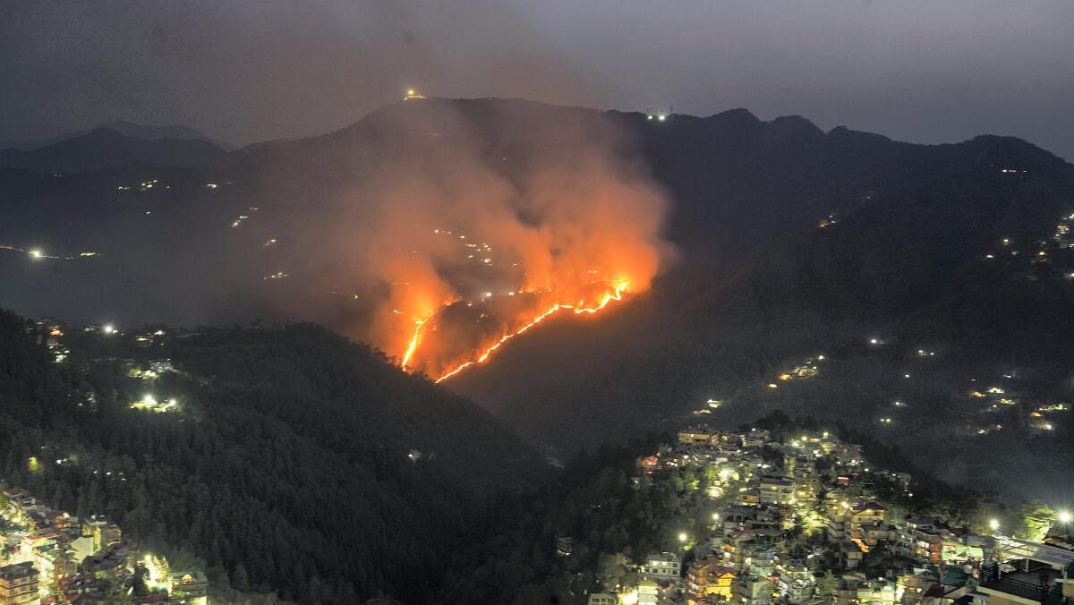 Smoke billows during a forest fire, amid heatwave conditions, in Shimla district.