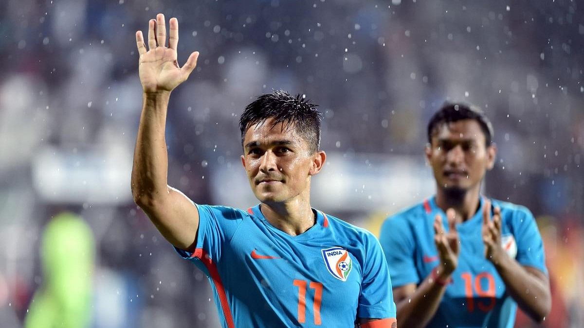 Sunil Chhetri (Blue jersey no. 11) greets the spectators after the team's victory against Kenya during the Hero Intercontinental football Cup, in Mumbai on Monday, June 04, 2018.
