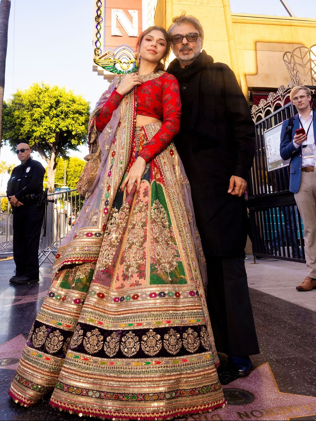 Sharmin Segal Mehta and Sanjay Leela Bhansali pose together for a photo during the special screening of SLB's Heeramandi: The Diamond Bazaar in LA.