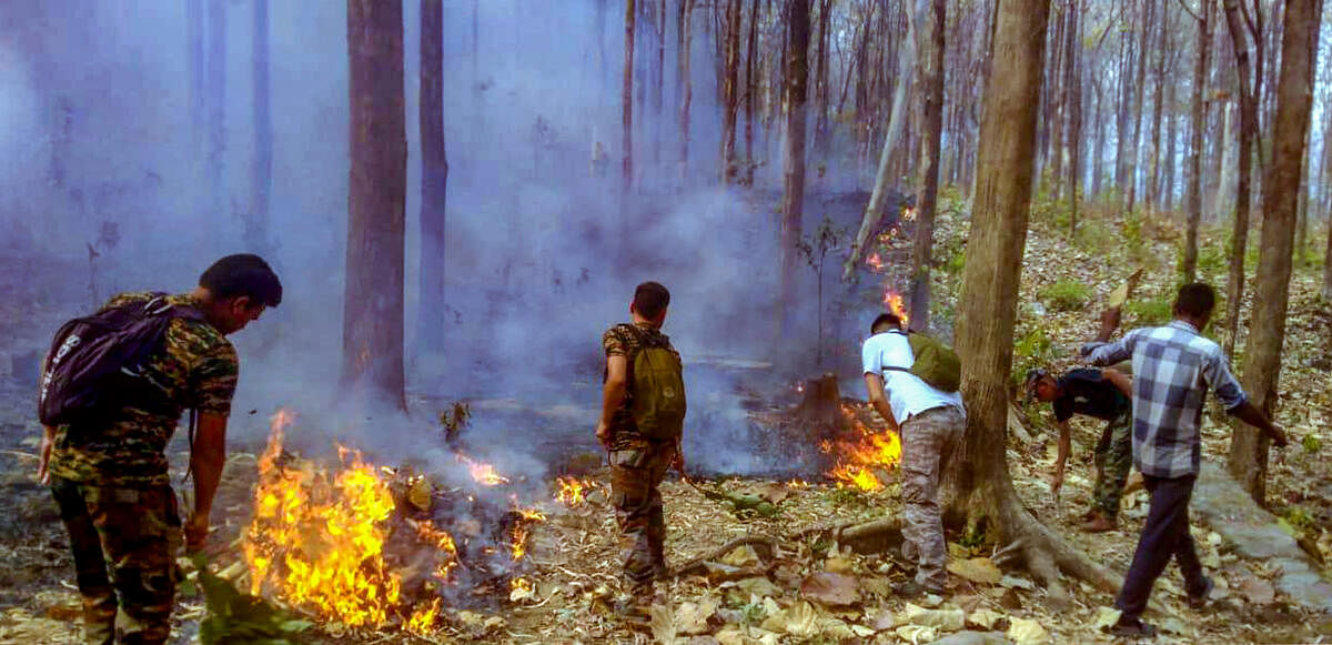 Forest department personnel try to control a fire that broke out in the forest of Nainital district.
