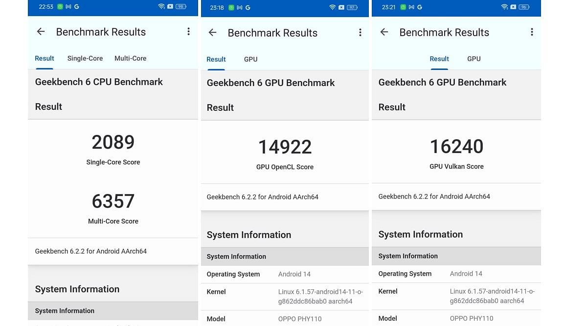 Oppo Find X Ultra's CPU and GPU performance score on Geekbench 6.0 performance testing application.