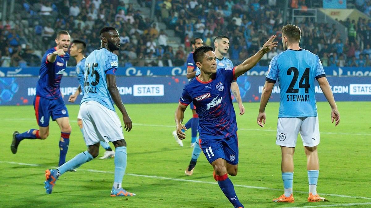 Sunil Chhetri celebrates a goal during the first leg semifinal of the Hero Indian Super League 2022 played between Mumbai City FC and Bengaluru FC, at the Mumbai Football Arena, in Mumbai, Tuesday, March 7, 2023.