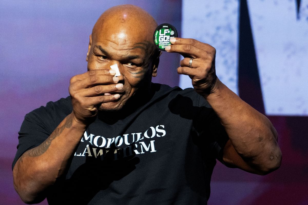 Boxer Mike Tyson promotes one of his energy products during a news conference, ahead of a sanctioned professional fight against Jake Paul which is set to take place at AT&amp;T Stadium in Arlington, Texas on July 20, in New York City