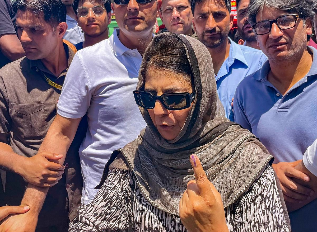 People's Democratic Party (PDP) President and candidate from Anantnag-Rajouri constituency Mehbooba Mufi after casting her vote during the sixth phase of Lok Sabha elections, at Bijbehara in Anantnag district, on Saturday.