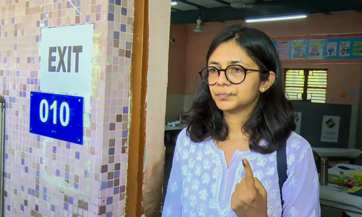 Rajya Sabha MP Swati Maliwal after casting her vote at a polling booth during the sixth phase of Lok Sabha elections, in New Delhi, on Saturday.