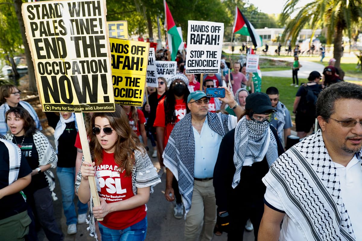 Pro-Palestinian protesters attend a demonstration amid the ongoing conflict between Israel and the Palestinian Islamist group Hamas, at a statewide gathering in Orlando, Florida, US.