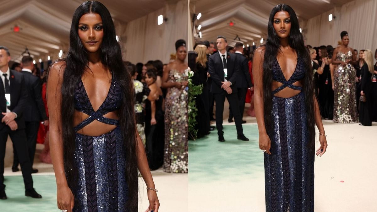 Bridgerton actor Simone Ashley graced the Met Gala in a cutout navy blue dress  by ace designer Prabal Gurung.