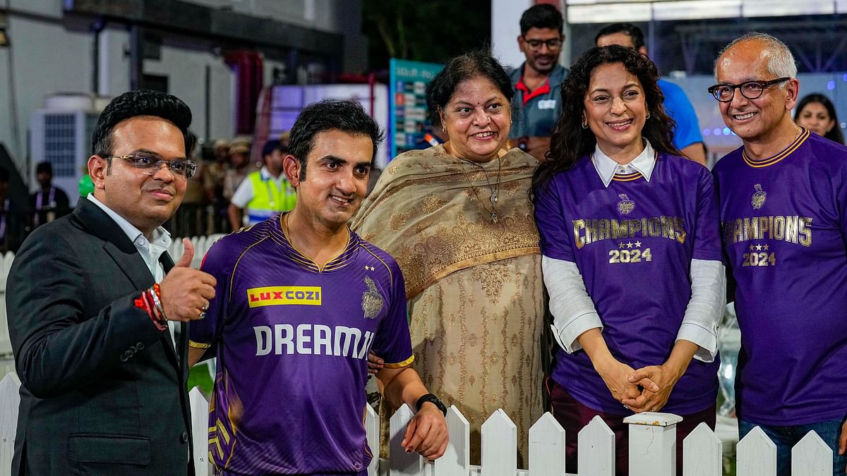 Kolkata Knight Riders (KKR) co-owners Juhi Chawla, Jay Mehta with mentor Gautam Gambhir and BCCI Secretary Jay Shah after the Indian Premier League (IPL) 2024 final cricket match between Kolkata Knight Riders and Sunrisers Hyderabad at MA Chidambaram Stadium, in Chennai.