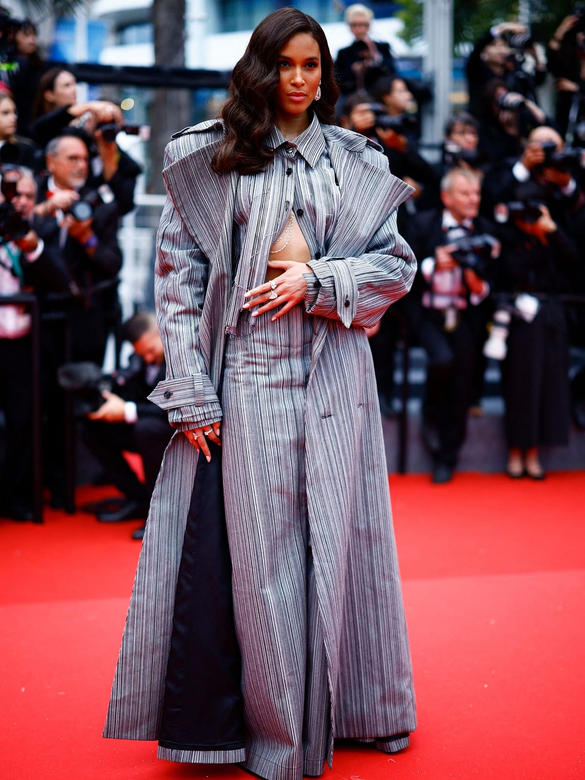 Cindy Bruna was one of the stars who grabbed eyeballs with her striped pants with matching long coat.