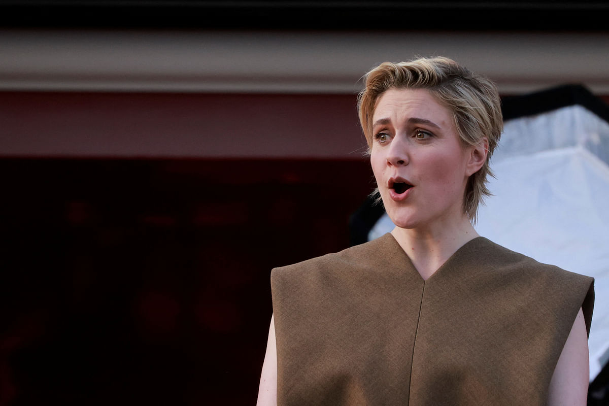 Greta Gerwig, Jury President of the 77th Cannes Film Festival reacts while standing on the balcony at the Hotel Martinez on the eve of the opening of the 77th Cannes Film Festival in Cannes, France.