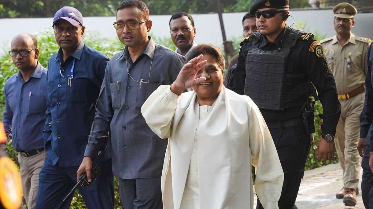 BSP Supremo Mayawati after casting her vote for the fifth phase of Lok Sabha elections, in Lucknow.