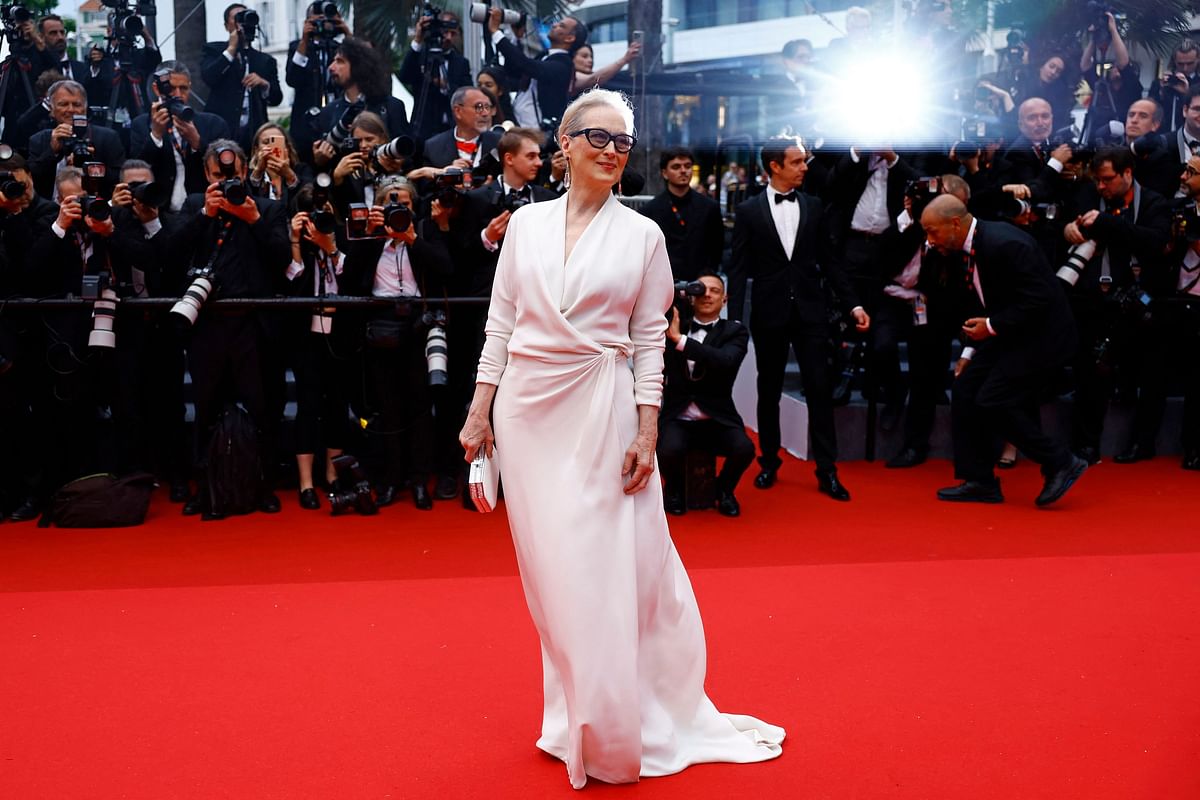 Meryl Streep poses on the red carpet during arrivals for the opening ceremony and the screening the film "Le deuxieme acte" (The Second Act) Out of competition at the 77th Cannes Film Festival in Cannes, France.