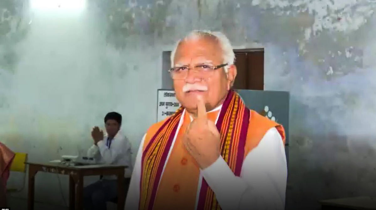 Former Haryana CM and BJP candidate Manohar Lal Khattar after casting his vote at a polling booth during the sixth phase of Lok Sabha elections, in Karnal, on Saturday.
