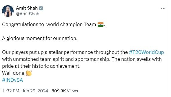 Union Minister Amit Shah said it was a glorious moment for the nation and the players put up a stellar performance throughout the tournament with "unmatched team spirit and sportsmanship". The nation swells with pride at their historic achievement," he said on X.