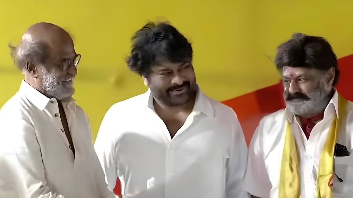 Superstar Rajinikanth is also at the swearing-in ceremony of TDP chief Chandrababu Naidu. In this photo, Rajini is seen with Chiranjeevi and Balakrishna