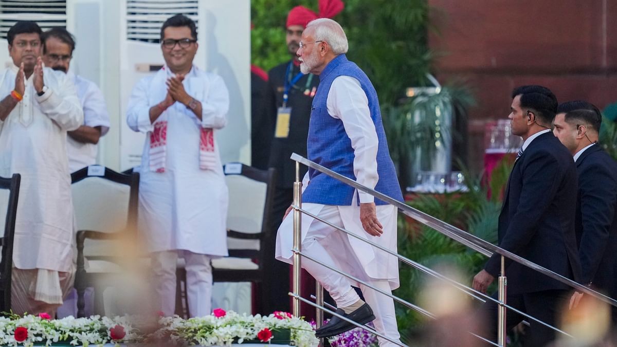 PM-designate Narendra Modi arrives to take oath as prime minister for the third consecutive term, at Rashtrapati Bhavan in New Delhi.