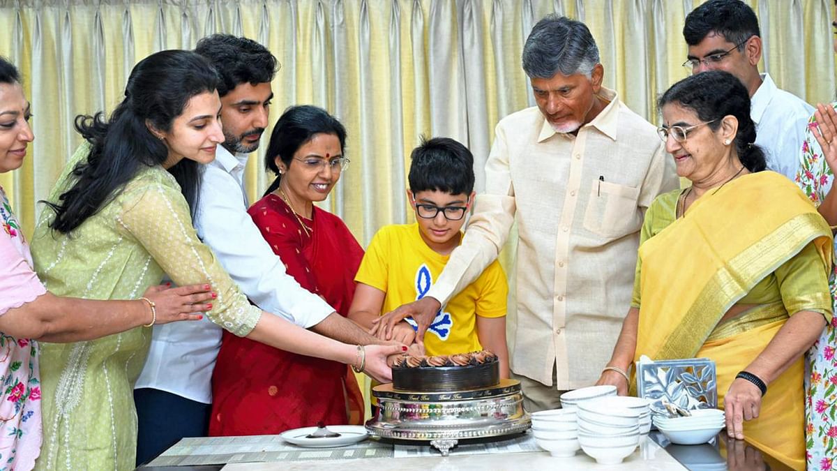 TDP Chief Chandrababu Naidu and his family members celebrate the party's victory in the Assembly and Lok Sabha elections, in Amaravati.