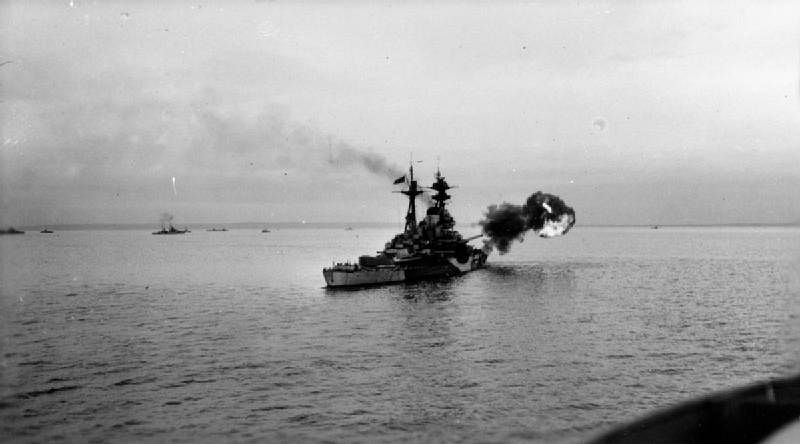 HMS Ramillies carrying out a very heavy bombardment in support of the Eastern Flank of the Normandy beachhead during the early stages of the Allied landings, June 6, 1944.