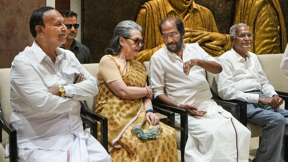 Senior Congress leader Sonia Gandhi with DMK leaders T R Baalu and Tiruchi Siva, and CPI leader D Raja.