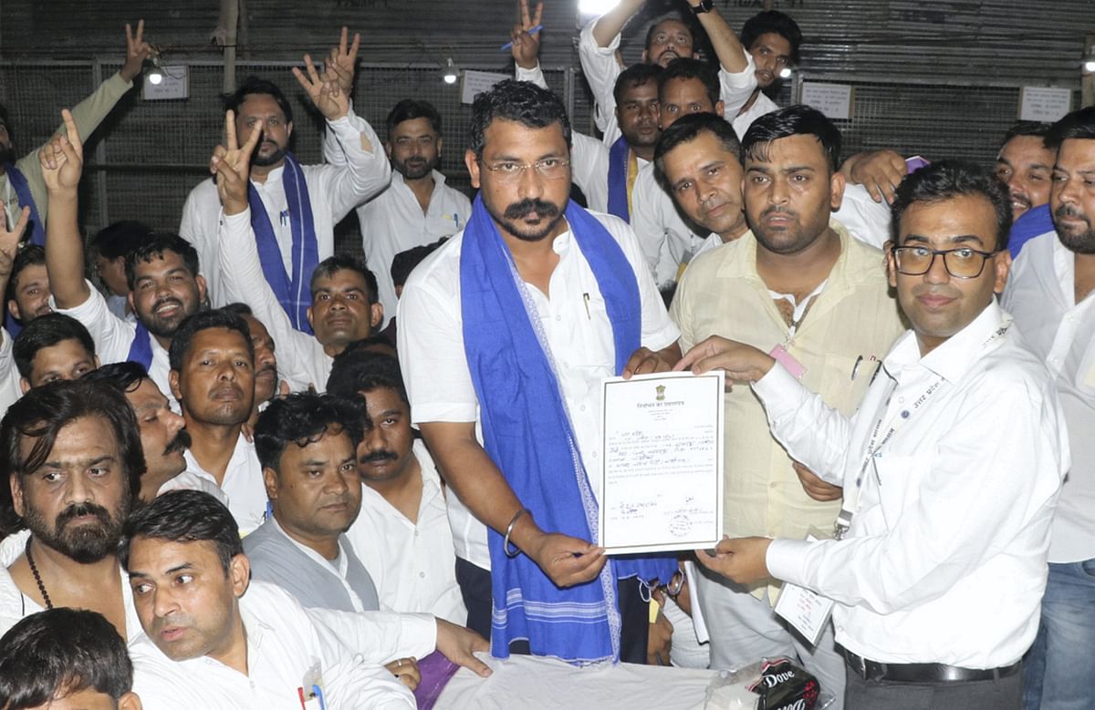 Azad Samaj Party (Kanshi Ram) chief Chandrashekhar Azad receives certificate after winning the Lok Sabha elections from Nagina constituency, in Moradabad, on Tuesday.