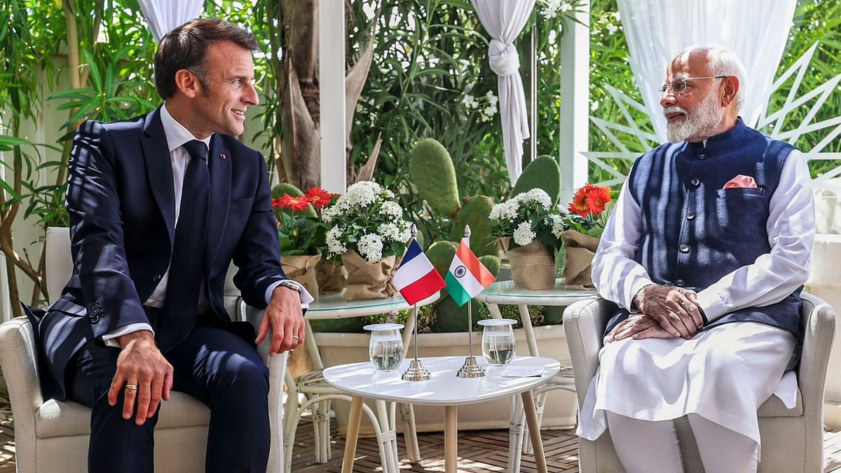 Prime Minister Narendra Modi and French President Emmanuel Macron during a bilateral meeting on the sidelines of the G7 Summit in Apulia, Italy.