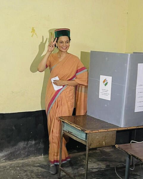BJP candidate Kangana Ranaut after casting her vote at a polling booth during the seventh and last phase of Lok Sabha elections, in Mandi, Himachal Pradesh. 