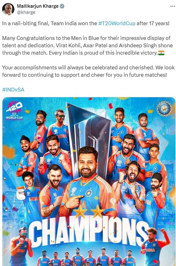 Congress president Mallikarjun Kharge said the victory has made every Indian proud, in a post on X. "Many Congratulations to the Men in Blue for their impressive display of talent and dedication. Virat Kohli, Axar Patel and Arshdeep Singh shone through the match. Every Indian is proud of this incredible victory."