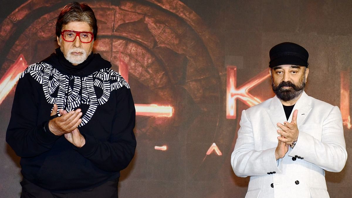 Legends of Indian cinema, Amitabh Bachchan and Kamal Haasan during Kalki 2898 AD pre-release event in Mumbai.