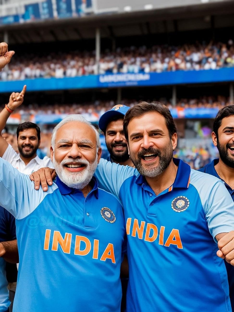 BJP leader and Prime Minister Narendra Modi and Congress leader Rahul Gandhi in blue jersey cheering for Team India.