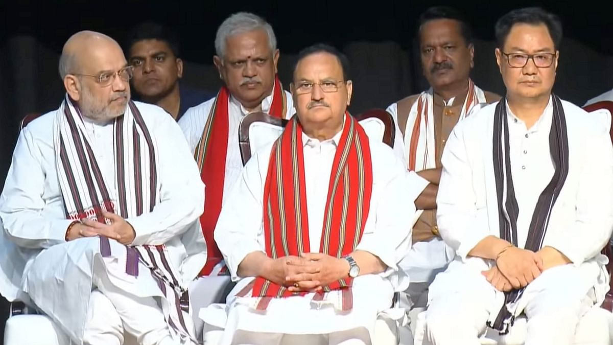 Union Ministers and BJP leaders Amit Shah, JP Nadda and Kiren Rijiju at the swearing-in ceremony of Arunachal Pradesh Chief Minister-designate Pema Khandu in Itanagar.