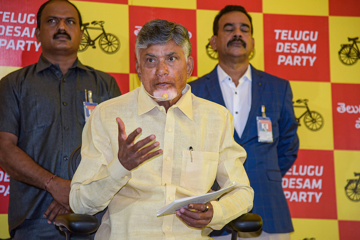 Telugu Desam Party (TDP) President Chandrababu Naidu addresses a press conference after the party’s victory in the Lok Sabha elections, in Amravati, Wednesday.