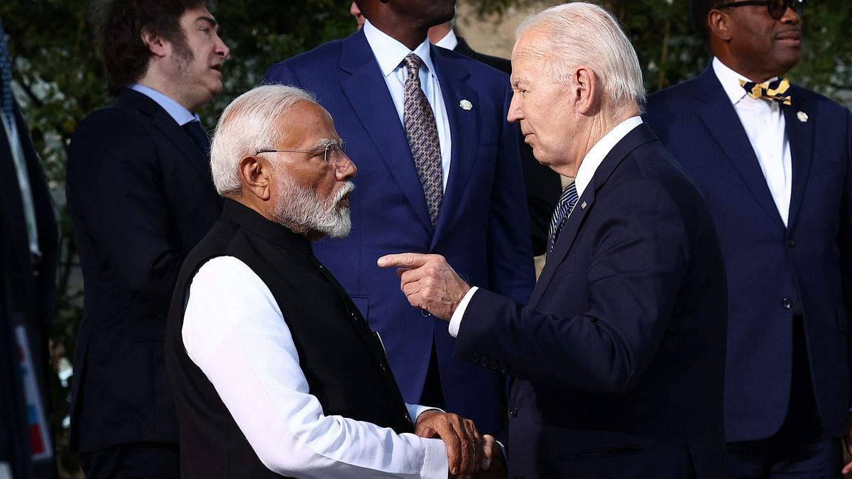 Prime Minister Narendra Modi is seen interacting with US president Joe Biden on the second day of the G7 summit at the Borgo Egnazia resort, in Savelletri, Italy.