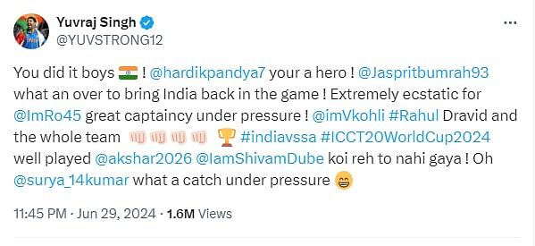An ambassador for the T20 World Cup in the Americas, Yuvraj Singh individually praised all the key members of the side. "You did it boys ! @hardikpandya7 your a hero ! @Jaspritbumrah93 what an over to bring India back in the game ! Extremely ecstatic for @ImRo45 great captaincy under pressure ! @imVkohli #Rahul Dravid and the whole team indiavssa #ICCT20WorldCup2024,” he wrote.