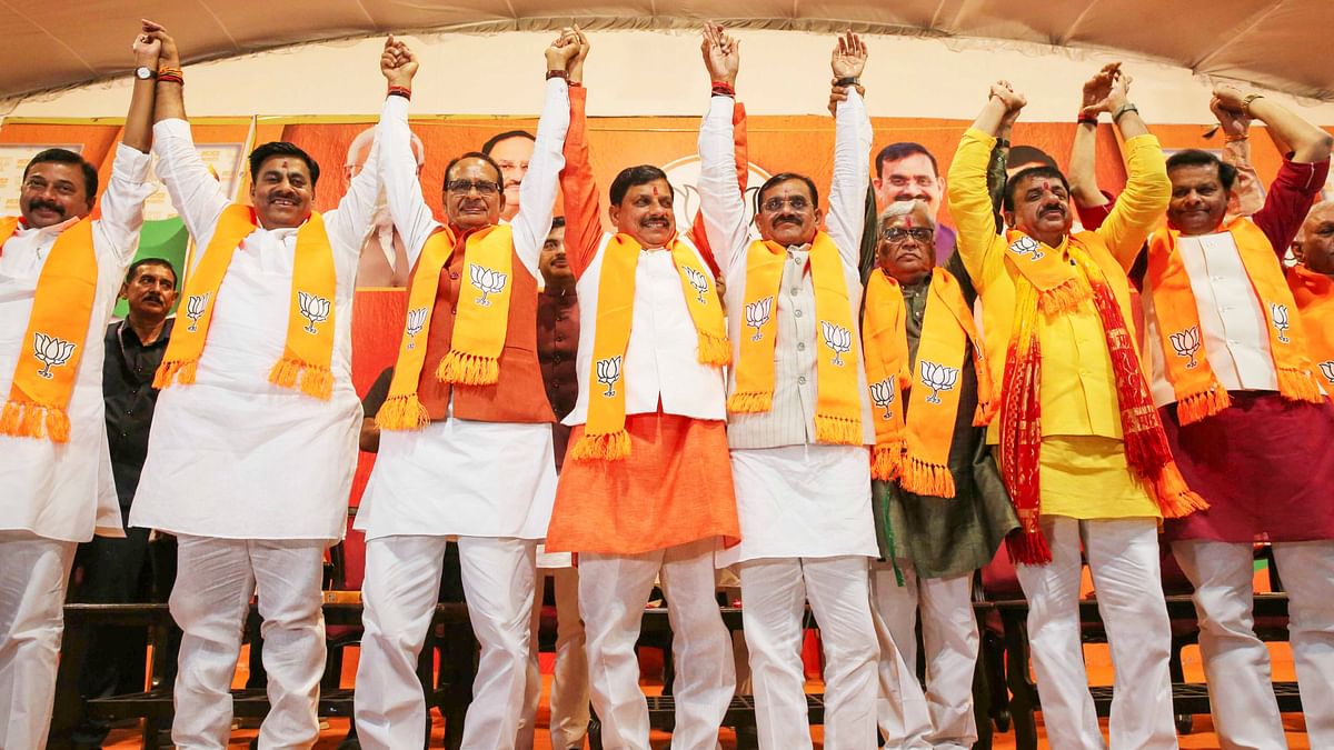Madhya Pradesh Chief Minister Mohan Yadav, former Chief Minister Shivraj Singh Chouhan, BJP State President VD Sharma and others celebrate the party's victory in the Lok Sabha elections, at BJP state headquarters in Bhopal.