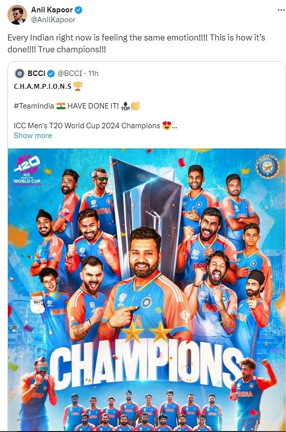 Bollywood actor Anil Kapoor shared a BCCI post on his X account and called Team India the "True Champions."