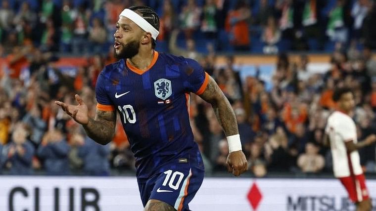 Netherlands' Memphis Depay celebrates scoring a goal.